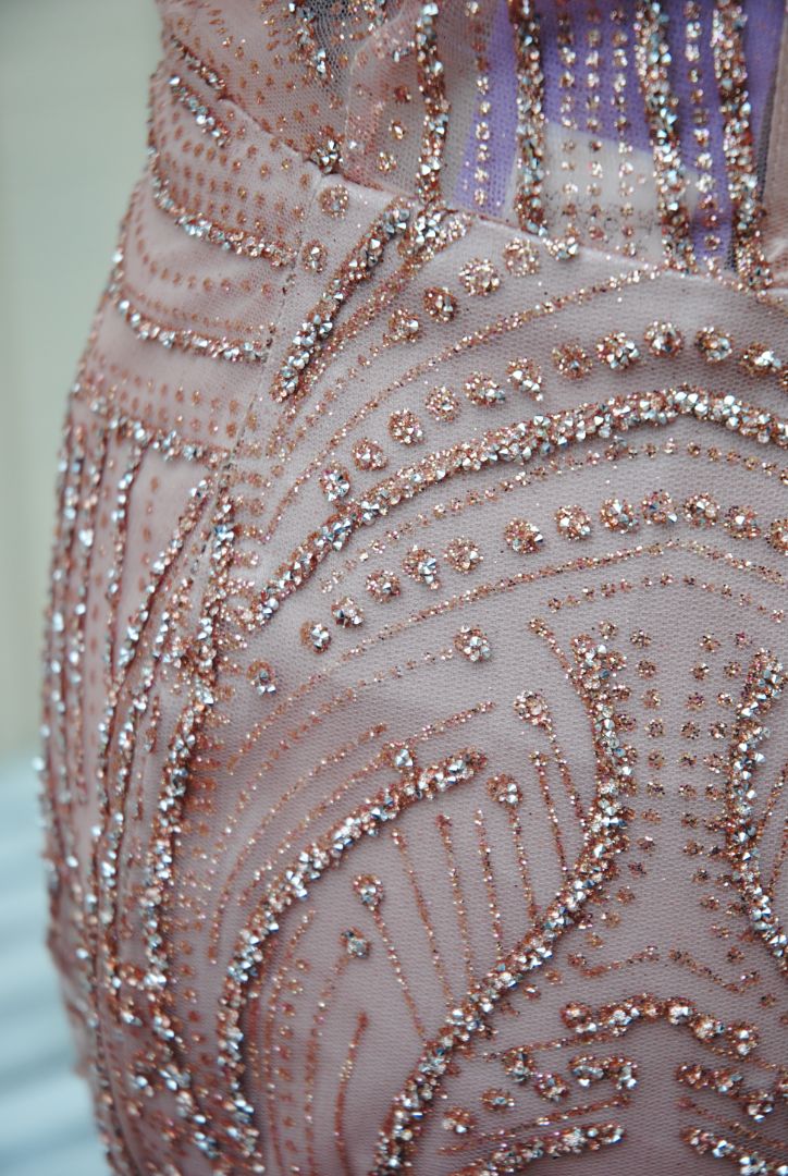 Terani Couture Blush Feathered Beaded Gown M