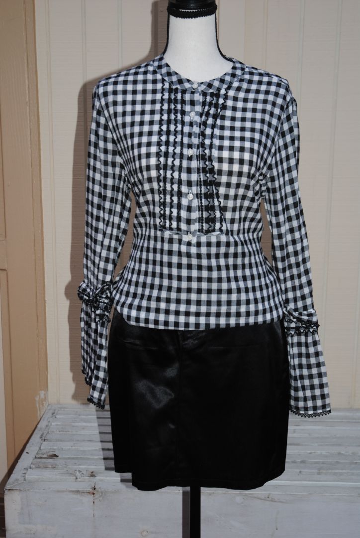 JCREW Black White Gingham Ruffle Blouse 10