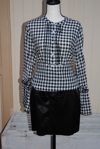 JCREW Black White Gingham Ruffle Blouse 10