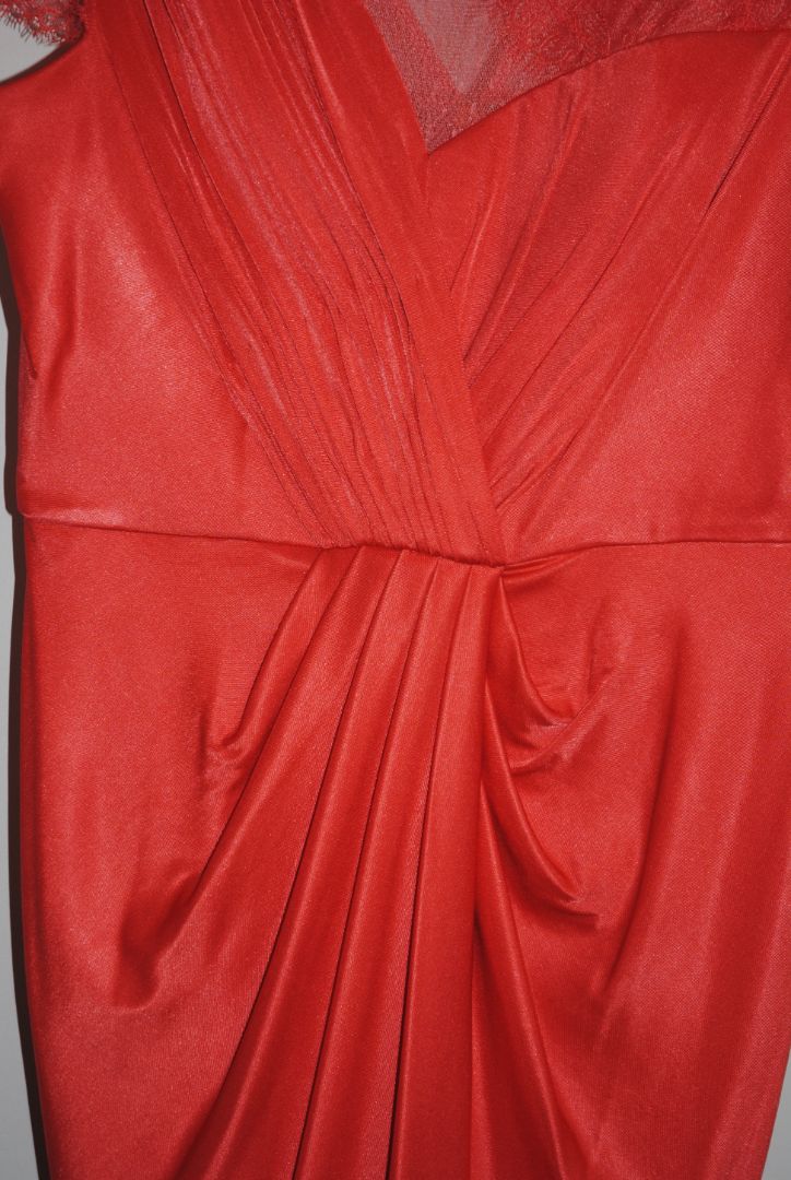 coral BCBGMAXAZRIA lace and satin dress