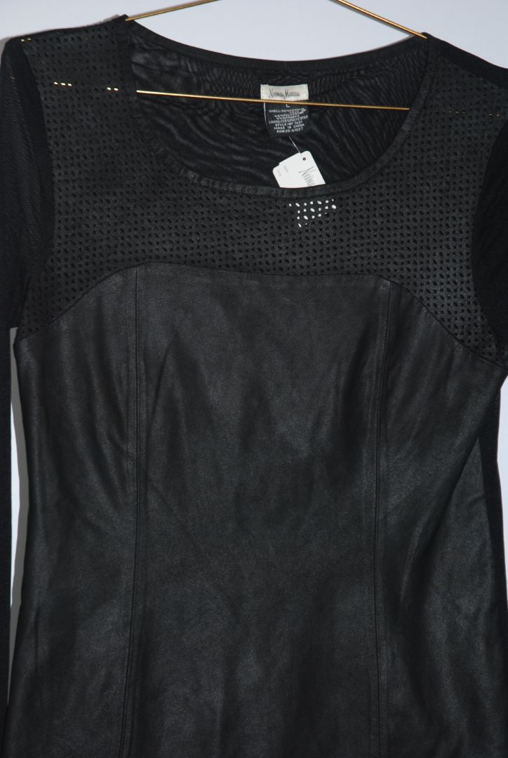 Neiman Marcus Black Leather Mesh Top
