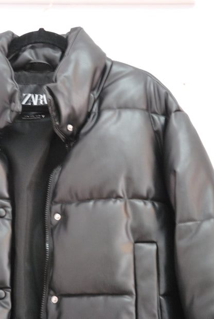 Zara Black Faux Leather Puffer Jacket M