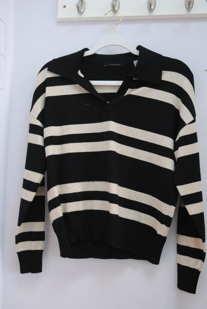 T Tahari Black Ivory Stripe Polo Knit Top S
