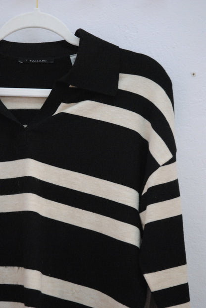 T Tahari Black Ivory Stripe Polo Knit Top S