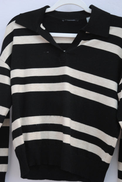 T Tahari Black Ivory Stripe Polo Knit Top S
