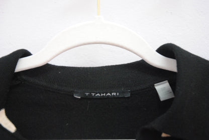 T Tahari Black Ivory Stripe Polo Knit Top S