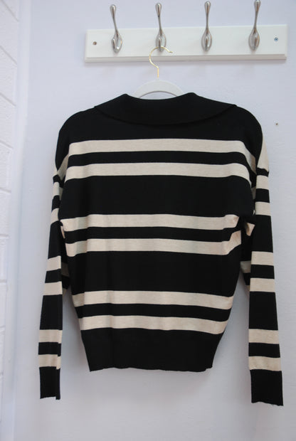 T Tahari Black Ivory Stripe Polo Knit Top S