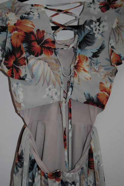 Lulus Blue Multi Floral Flutter Sleeve Dress XS