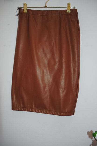 Kate Kasin Cognac Faux Leather Pencil Skirt