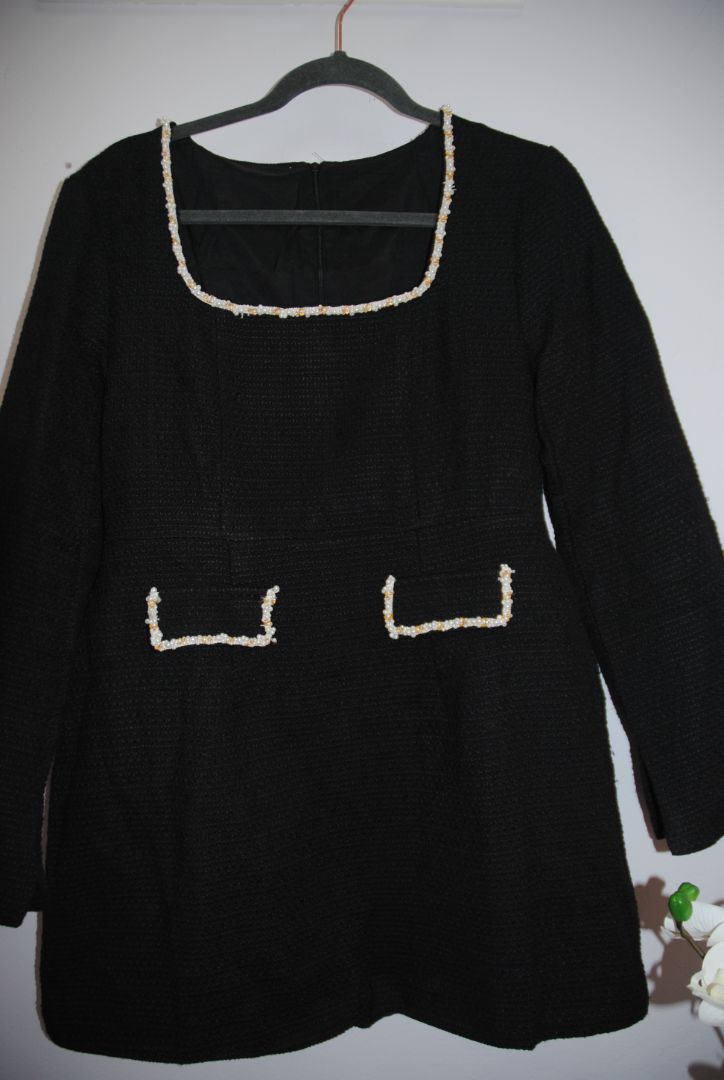 Black Pearl Trim Boucle Dress XL
