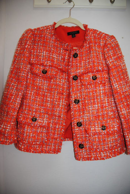 Ann Taylor Coral Boucle Tweed Fringe Blazer 8