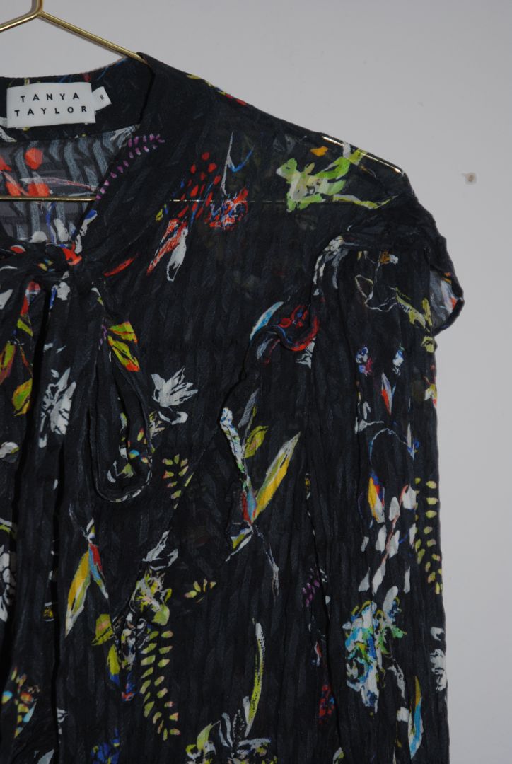 Tanya Taylor Black Floral Print Sheer Blouse