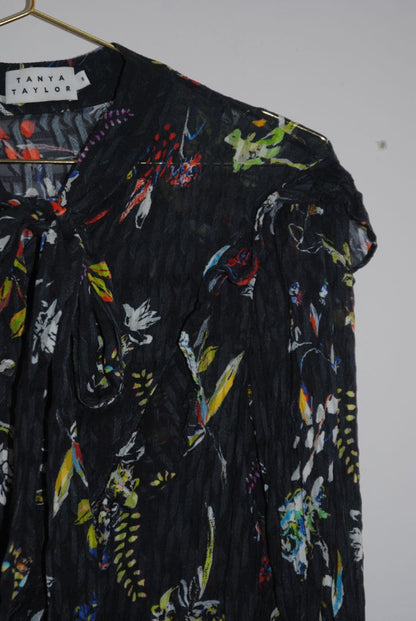 Tanya Taylor Black Floral Print Sheer Blouse