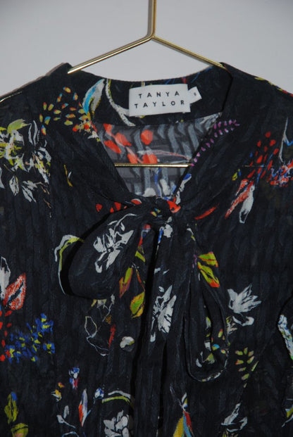 Tanya Taylor Black Floral Print Sheer Blouse