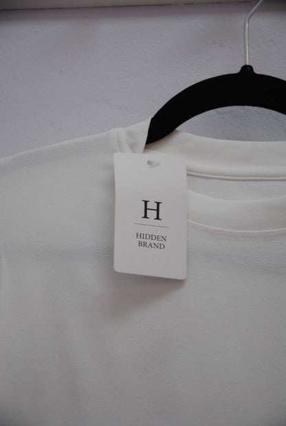 white Hidden Brand fitted tee, S, M, L, & XL