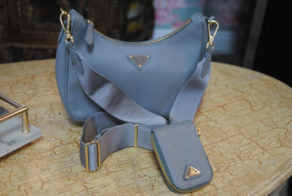 gray blue Prada re-edition 2005 saffiano leather shoulder bag with matching pouch