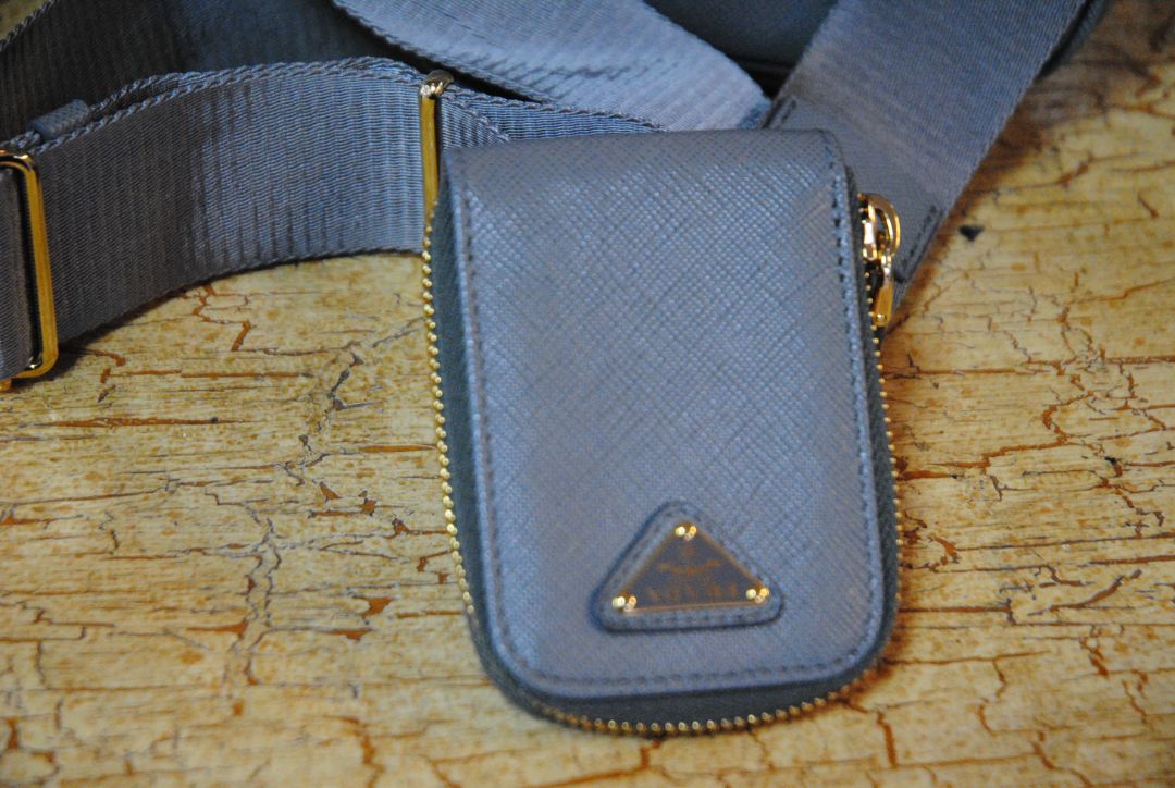 gray blue Prada re-edition 2005 saffiano leather shoulder bag with matching pouch