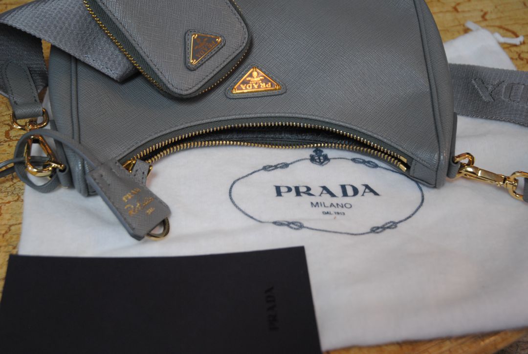 gray blue Prada re-edition 2005 saffiano leather shoulder bag with matching pouch