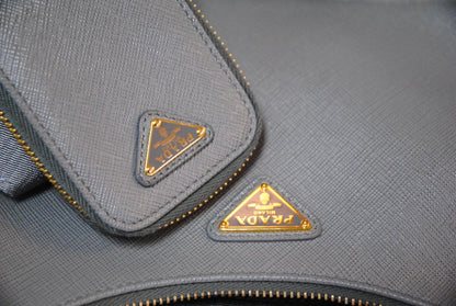 gray blue Prada re-edition 2005 saffiano leather shoulder bag with matching pouch