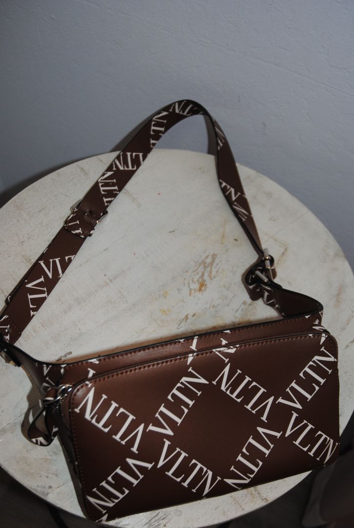 brown and white Valentino Logo leather crossbody bag