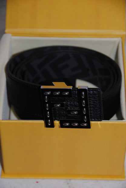 Fendi Embellished FF Buckle Black Leather Belt reversible