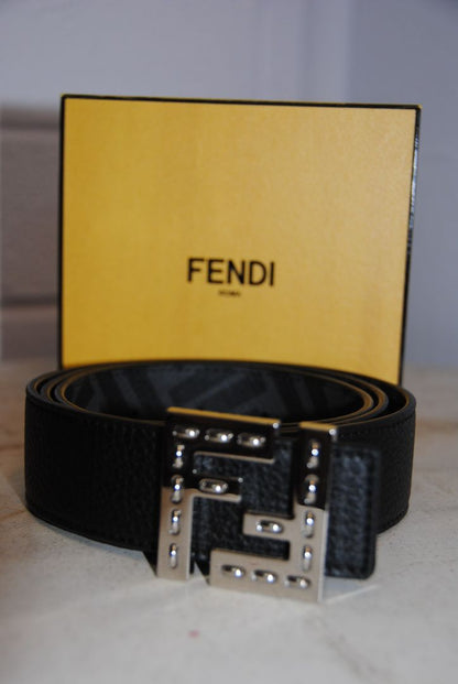 Fendi Embellished FF Buckle Black Leather Belt reversible