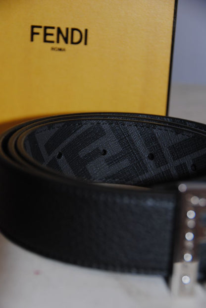Fendi Embellished FF Buckle Black Leather Belt reversible