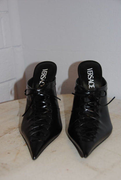 Versace corset lace up pointed toe stilleto mules