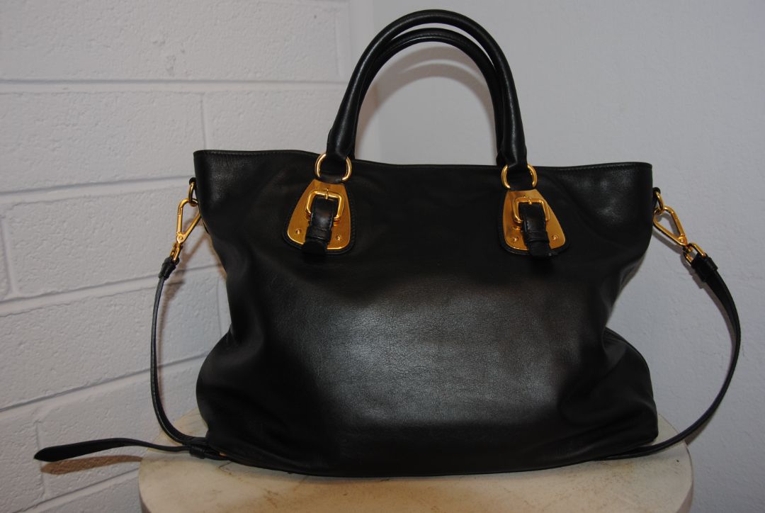 Prada Large Soft Calf Leather Bauletto Bag in Nero Black
