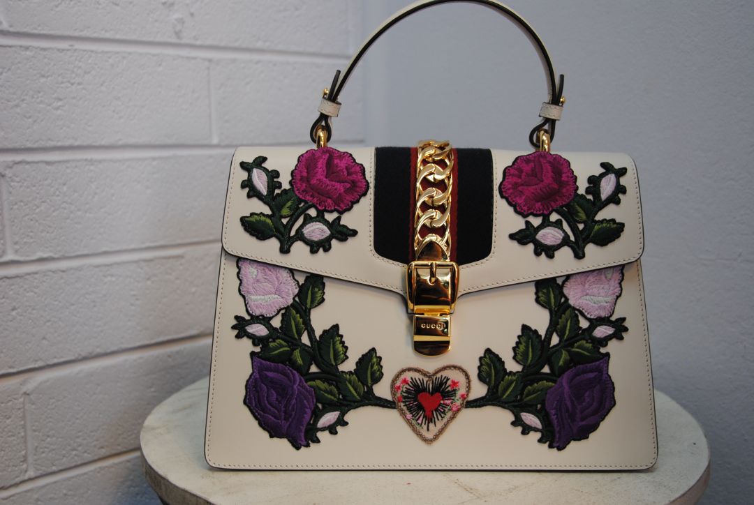 Gucci Sylvie Medium Floral and Sacred Heart Embroidered Top Handle Bag