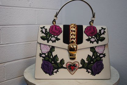 Gucci Sylvie Medium Floral and Sacred Heart Embroidered Top Handle Bag