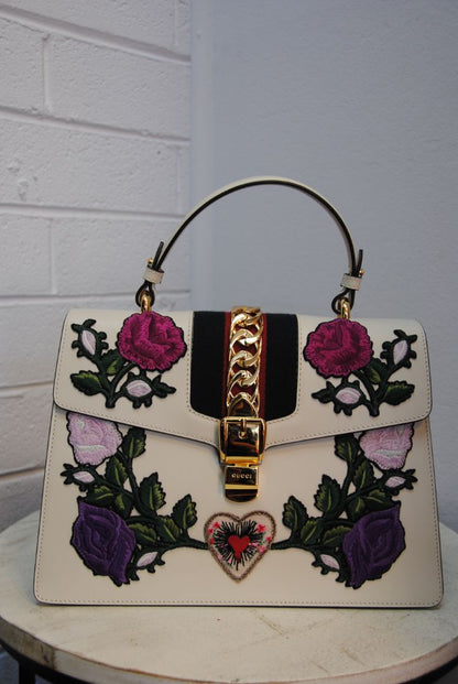 Gucci Sylvie Medium Floral and Sacred Heart Embroidered Top Handle Bag