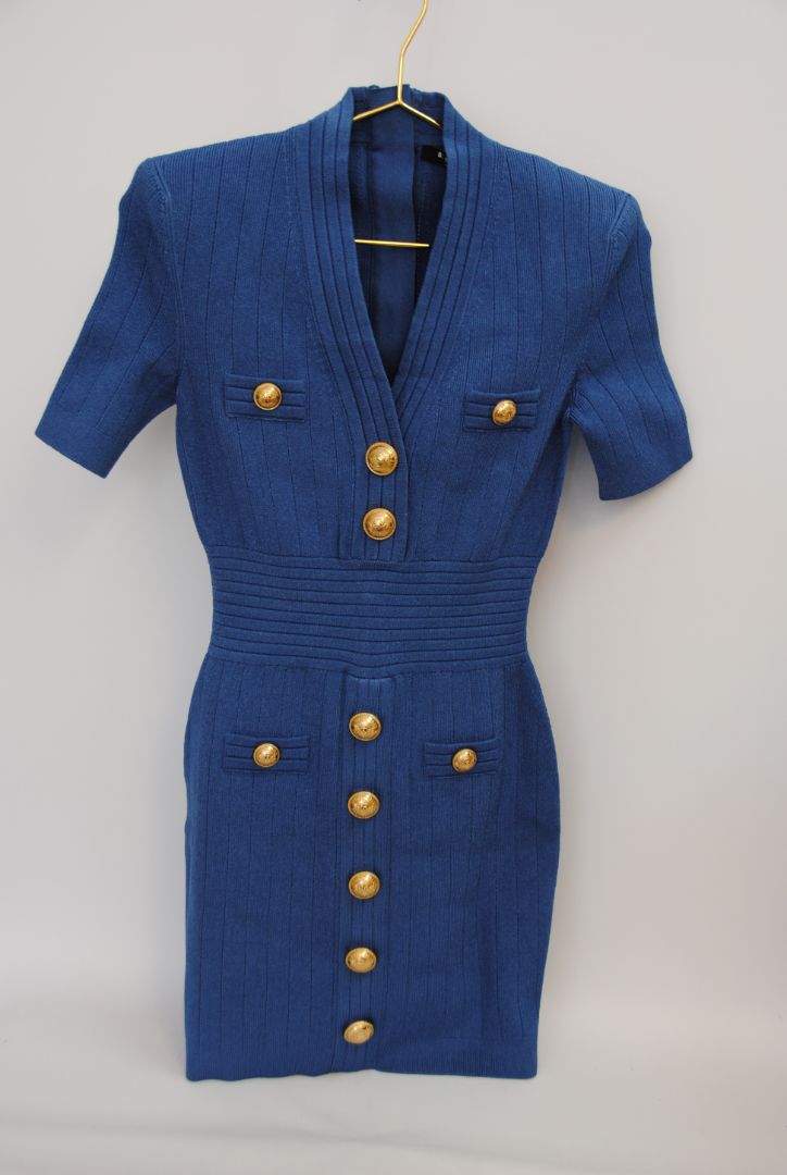 Balmain Ribbed Knit Gold-Button Mini Dress