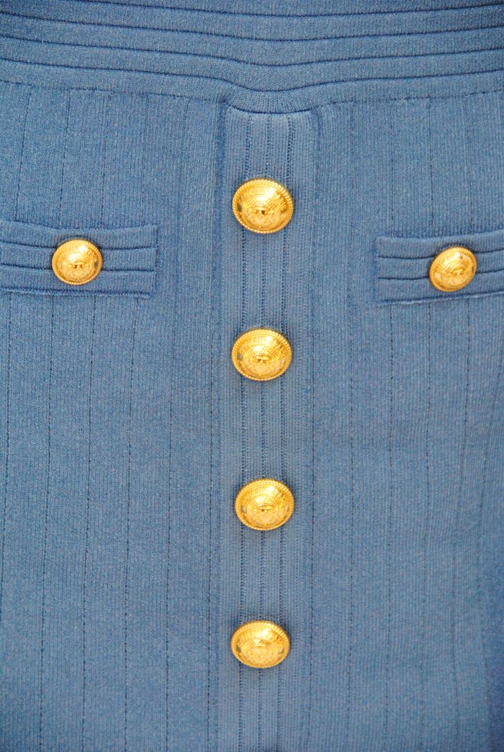 Balmain Ribbed Knit Gold-Button Mini Dress
