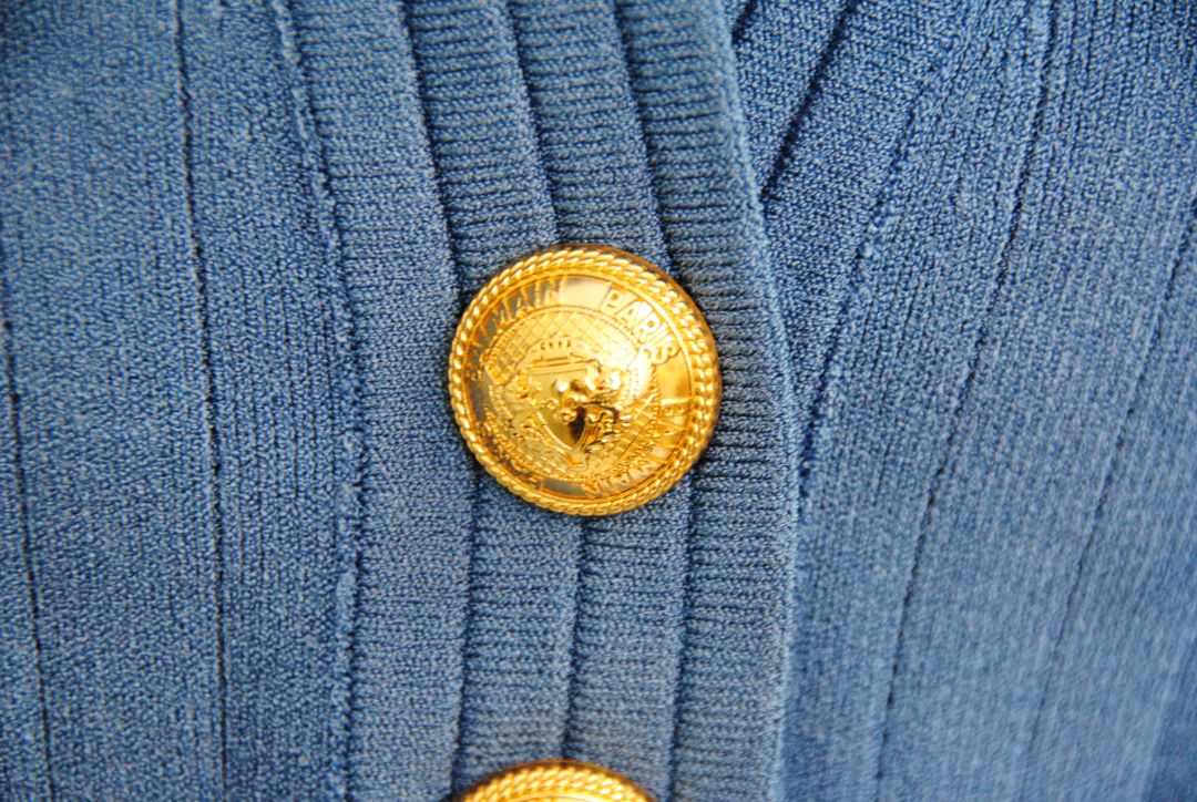 Balmain Ribbed Knit Gold-Button Mini Dress