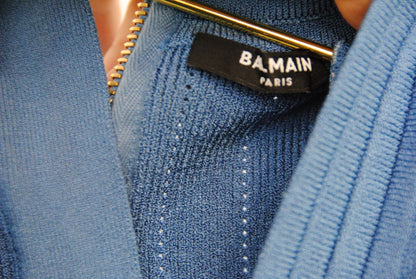 Balmain Ribbed Knit Gold-Button Mini Dress