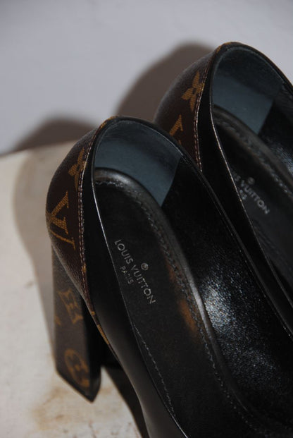 Louis Vuitton monogram heel pointed toe block heel