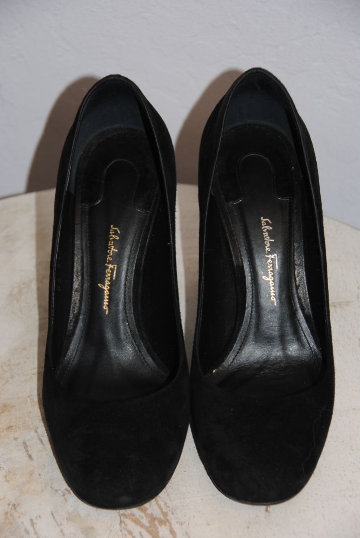 Salvatore Ferragamo suede block heel with gold