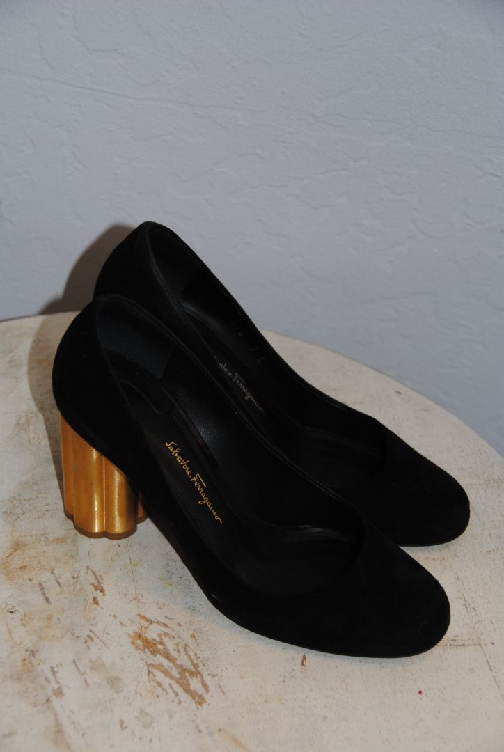 Salvatore Ferragamo suede block heel with gold
