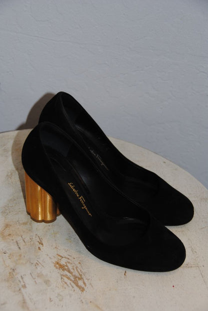 Salvatore Ferragamo suede block heel with gold