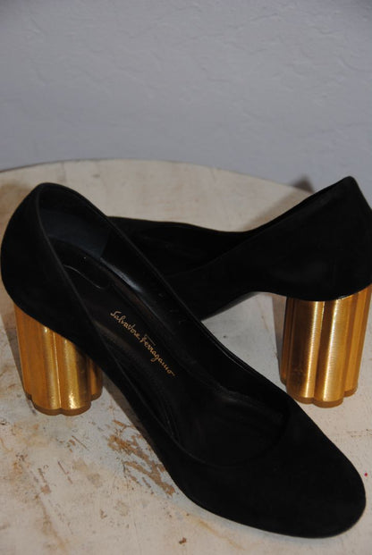 Salvatore Ferragamo suede block heel with gold