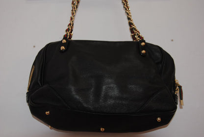 Gucci Vintage Black Leather Double Zip Web Chain Shoulder Bag