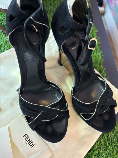 Fendi black metallic suede wedge sandals, EU 37, with ankle strap, open toe, and included dustbag and tag – Italian designer shoes
