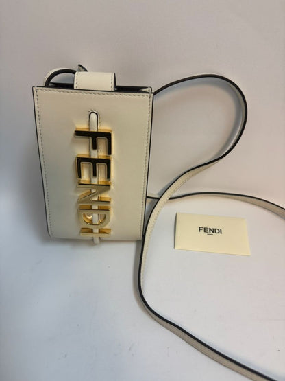 Fendi Fendigraphy Cellphone Pouch in signature FF monogram, featuring a sleek design with a detachable strap, gold-tone hardware, and a compact, functional interior to hold your phone and essentials.