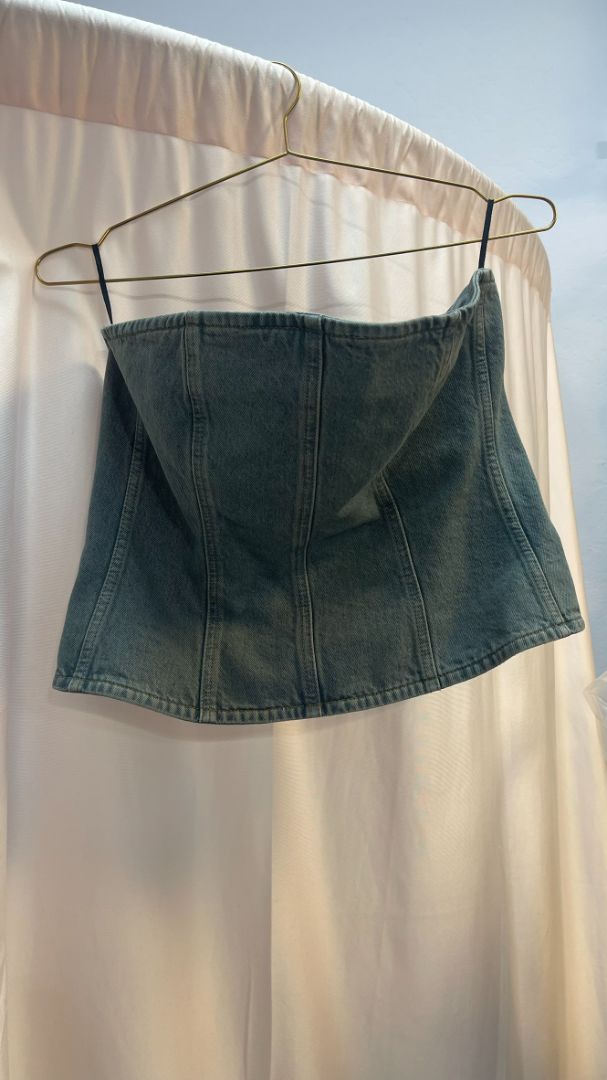 light wash blue COS corset denim top, 14
