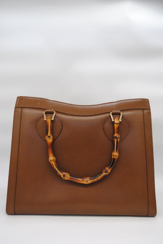 Front view of vintage Gucci Diana Large tote in tan leather with signature bamboo top handles