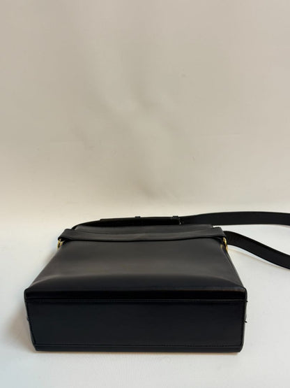 navy blue Ferragamo shoulder bag, Dimensions (Approximate): Height: 9” (22.9 cm) Width: 11.5” (29.2 cm) Depth: 4” (10.2 cm) Strap Drop: Adjustable from 10” to 13” (25.4 to 33 cm)