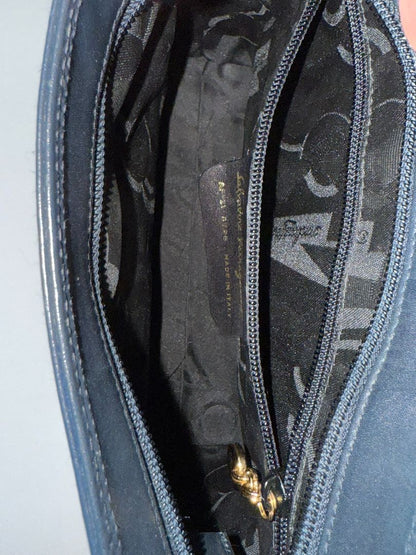 navy blue Ferragamo shoulder bag, Dimensions (Approximate): Height: 9” (22.9 cm) Width: 11.5” (29.2 cm) Depth: 4” (10.2 cm) Strap Drop: Adjustable from 10” to 13” (25.4 to 33 cm)