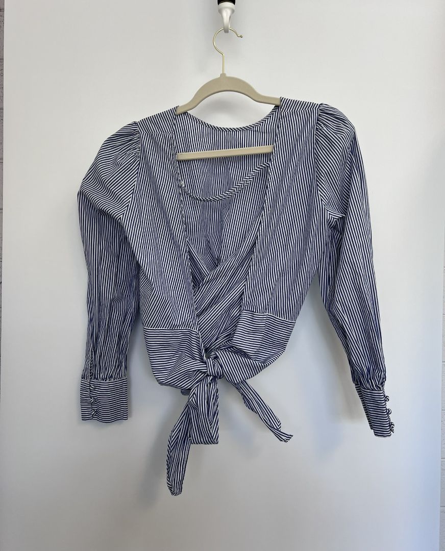 white & blue Zara Basic wrap top, S