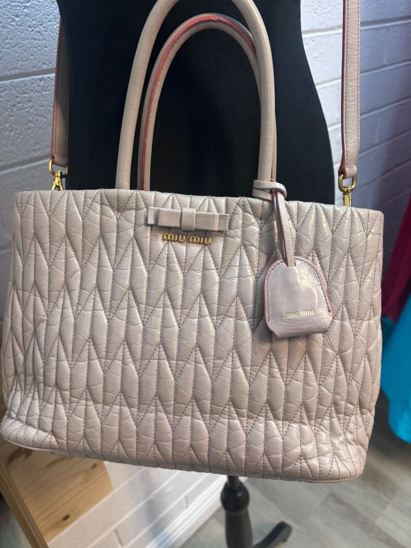 Miu Miu Blush Matelasse Bow Leather Tote